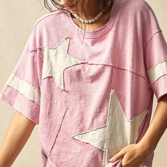 Pink Casual Women's Boho Knit Round Neck Short Sleeve Loose Fit Washed T-Shirt - Picture 3 of 7